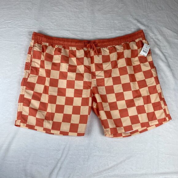 Mad Engine‎ Swim Shorts Mens 2XL Coral Orange Checked Mesh Liner Elastic Waist - Picture 1 of 5